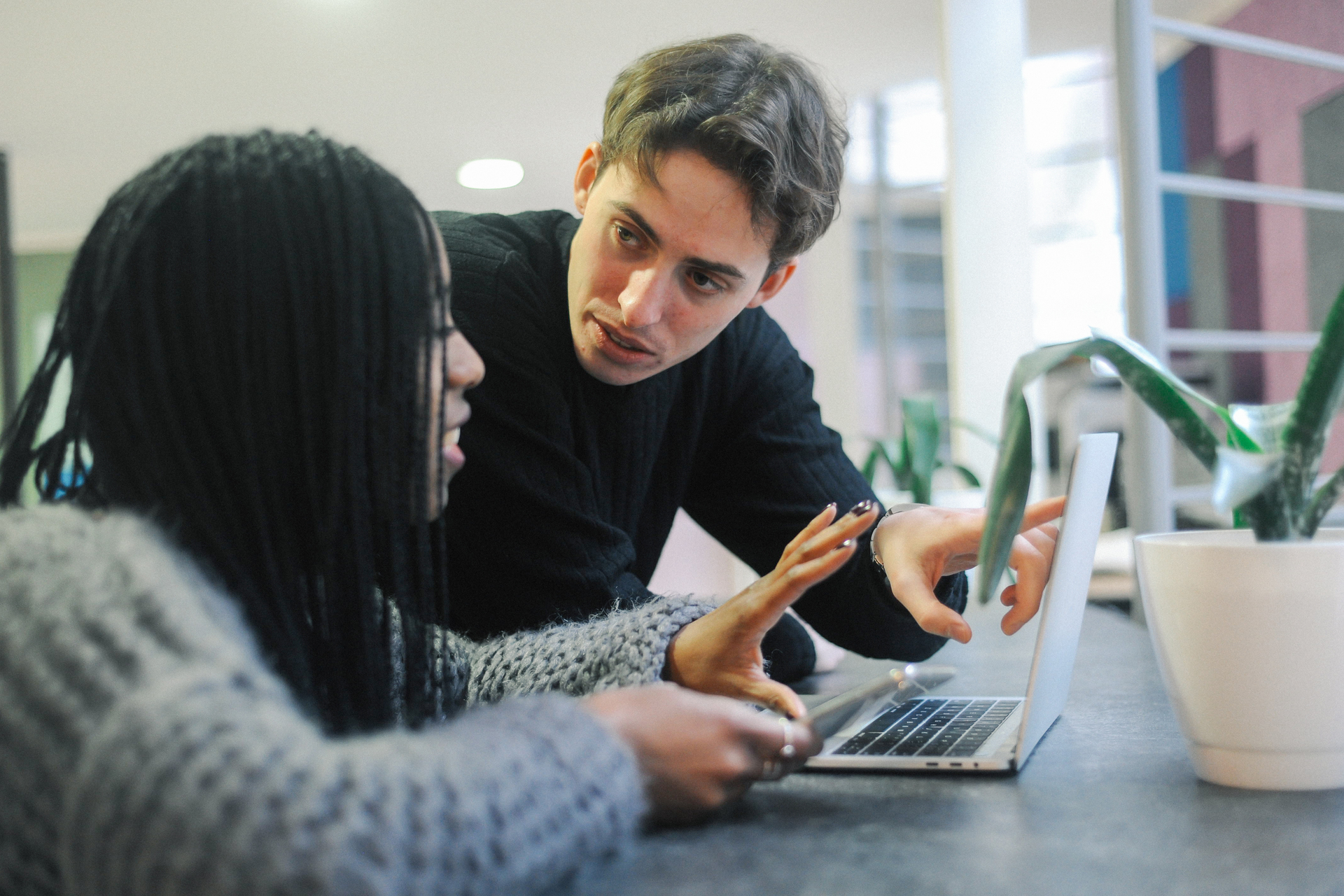 Multiracial employees using laptop and working together