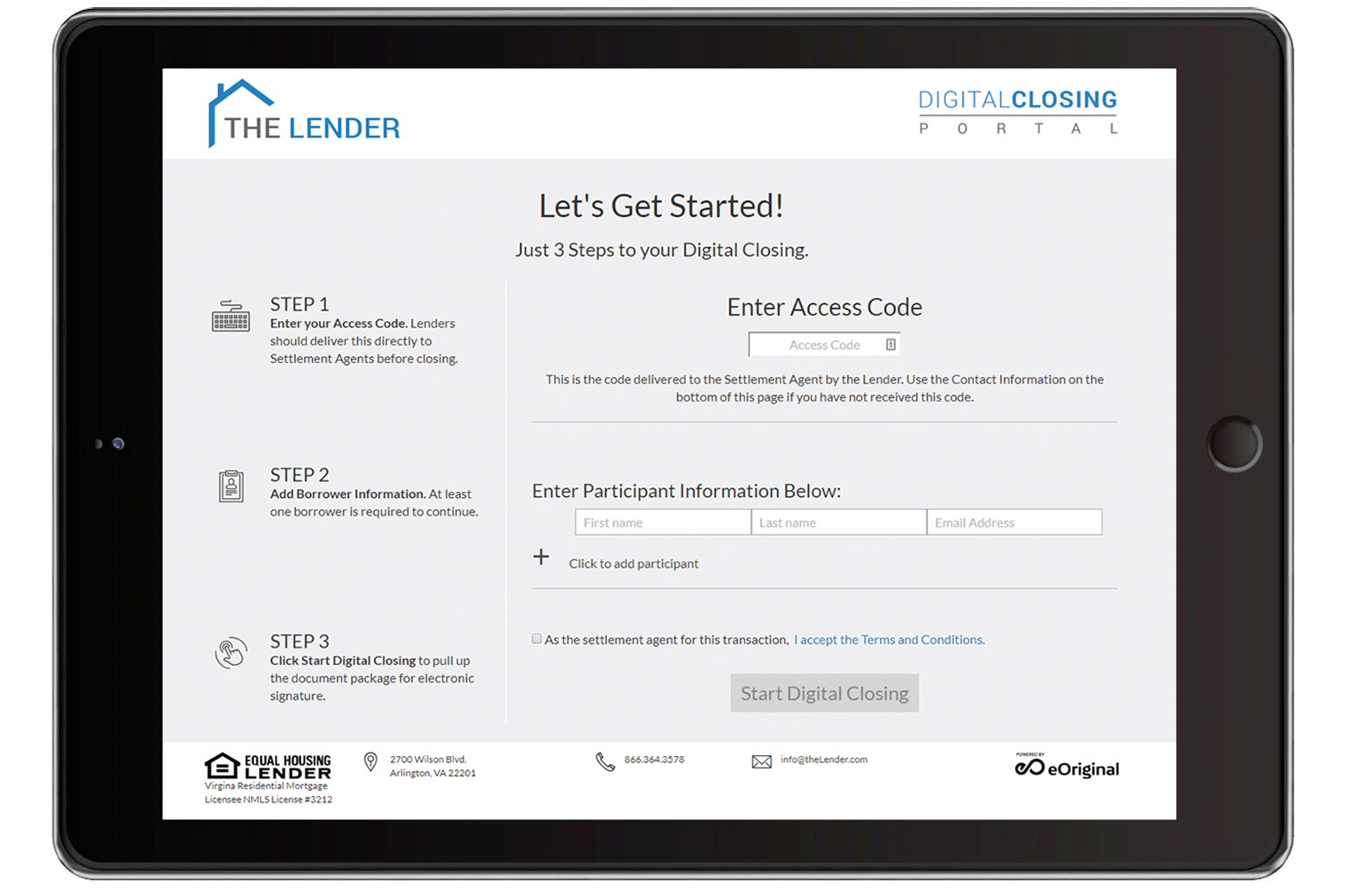 eOriginal tablet HomePage Digital Closing Portal