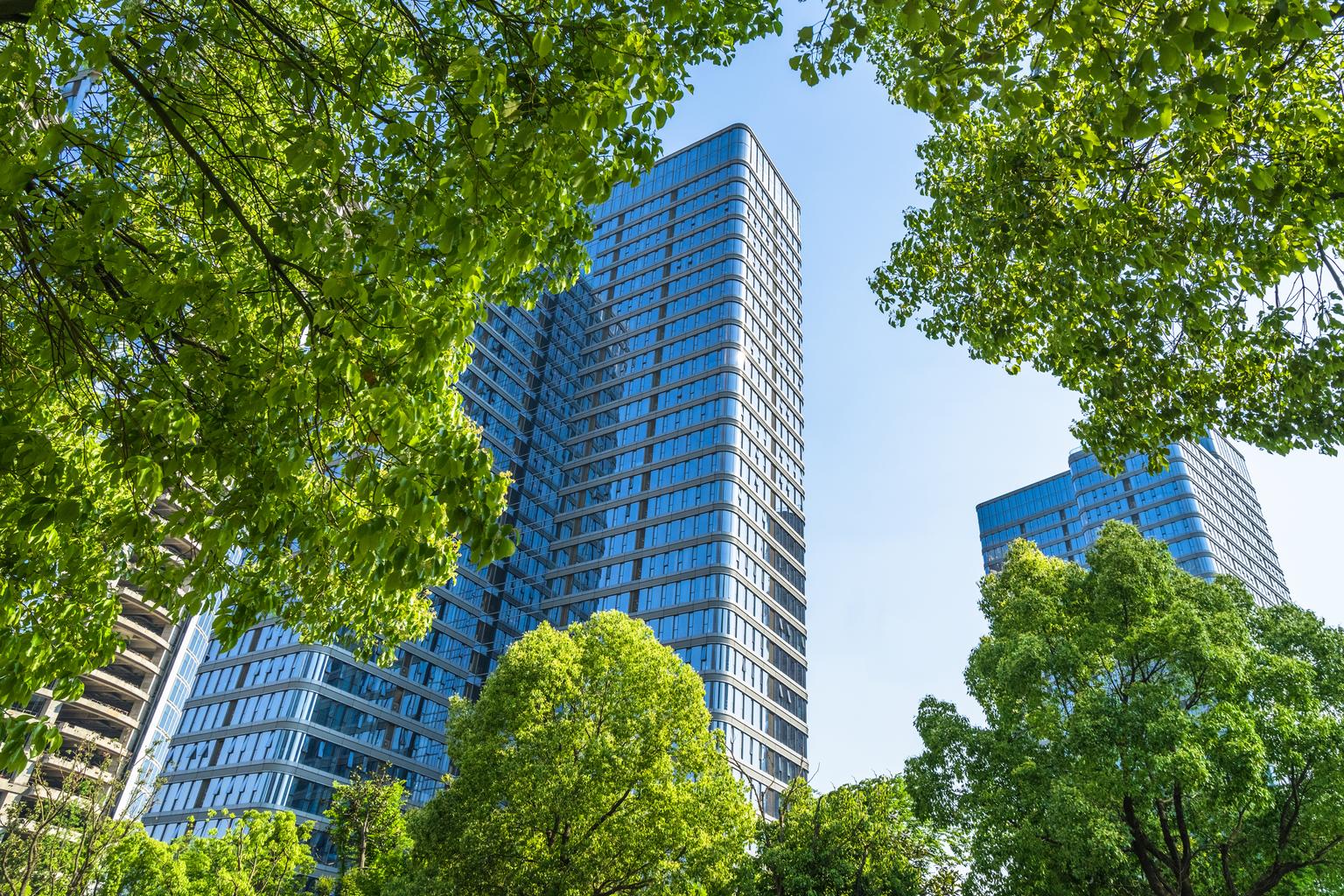 view of contemporary glass building with green trees, shanghai, china