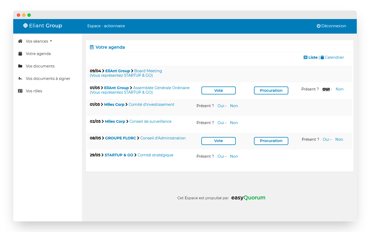 Capture d'écran du Board Portal easyQuorum