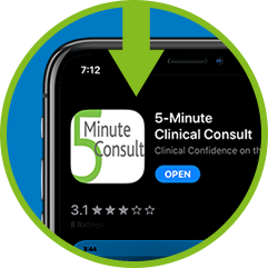 Circle with arrow pointing at 5MinuteConsult on app store, showing on smartphone screen