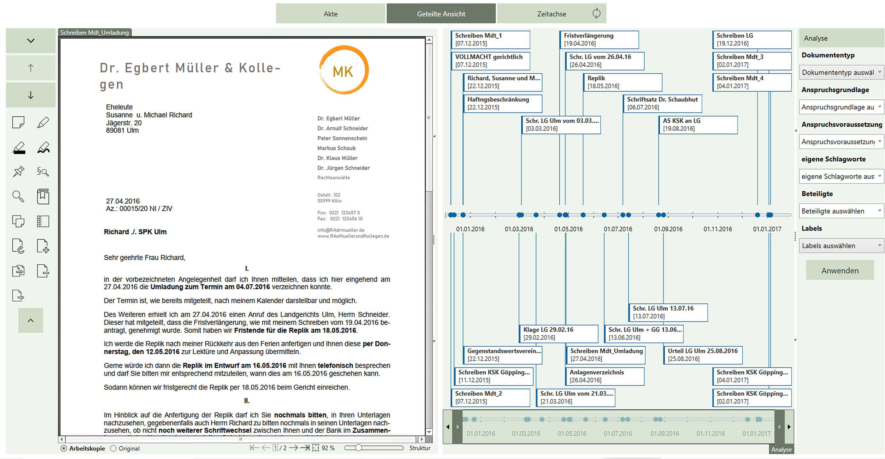 Zeitstrahl der AnNoText smarten AnwaltsAkte erlaubt einfaches Überblicken eines Sachverhaltes