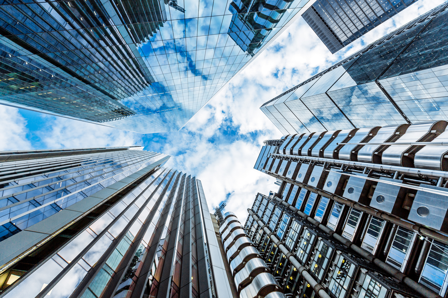 Low angle view of modern futuristic skyscrapers in the City of London, England, UK