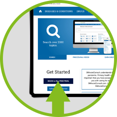 Circle with arrow pointing at  get started button on 5MinuteConsult website