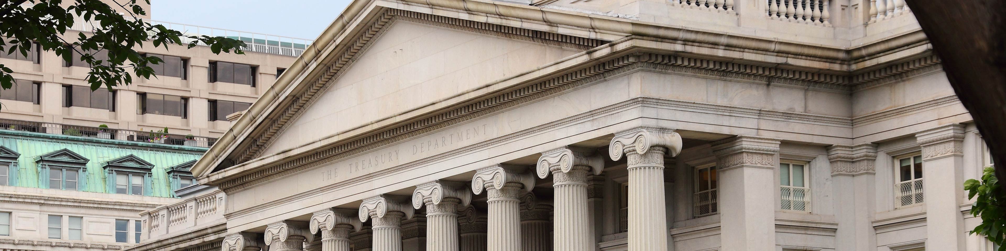 Exterior of the U.S. Department of the Treasury, whose FinCEN bureau will impose beneficial ownership information reporting requirements for business entities.