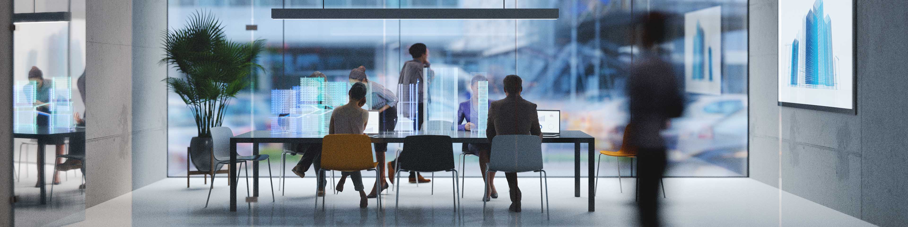 Group of people working in a modern board room with augmented reality interface,