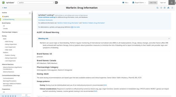 warfarin drug information page