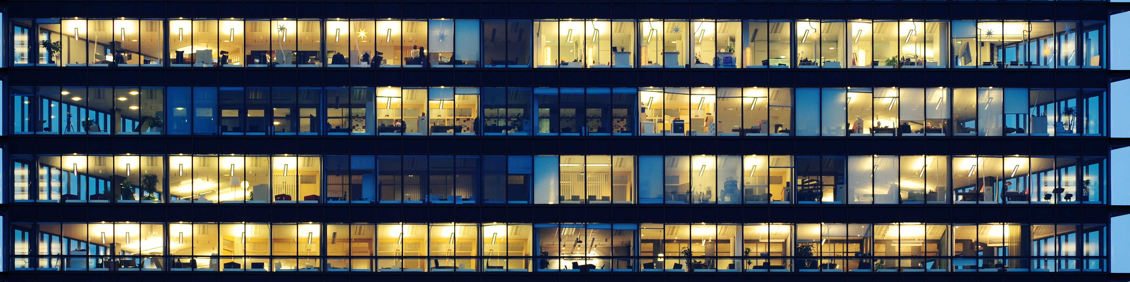 Workers working late. Office windows by night,