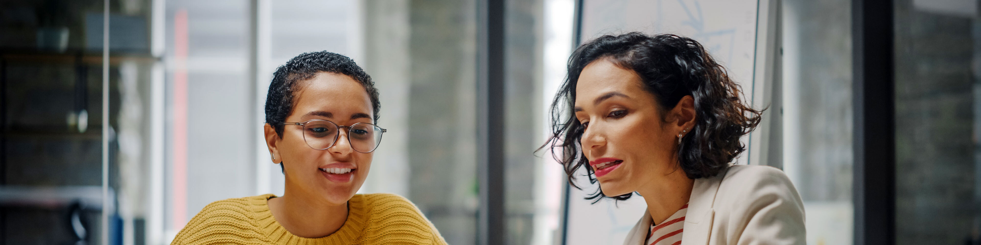 A small business owner discusses company marketing plan with an employee