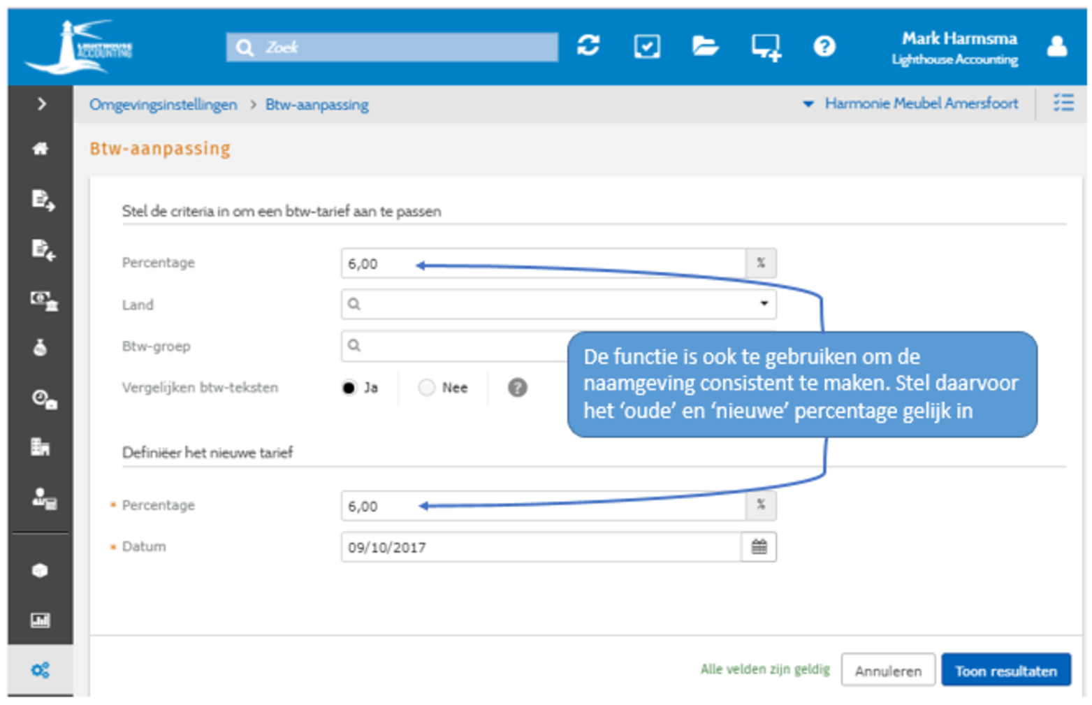 Screenshot functie btw-aanpassing in Twinfield Boekhouden