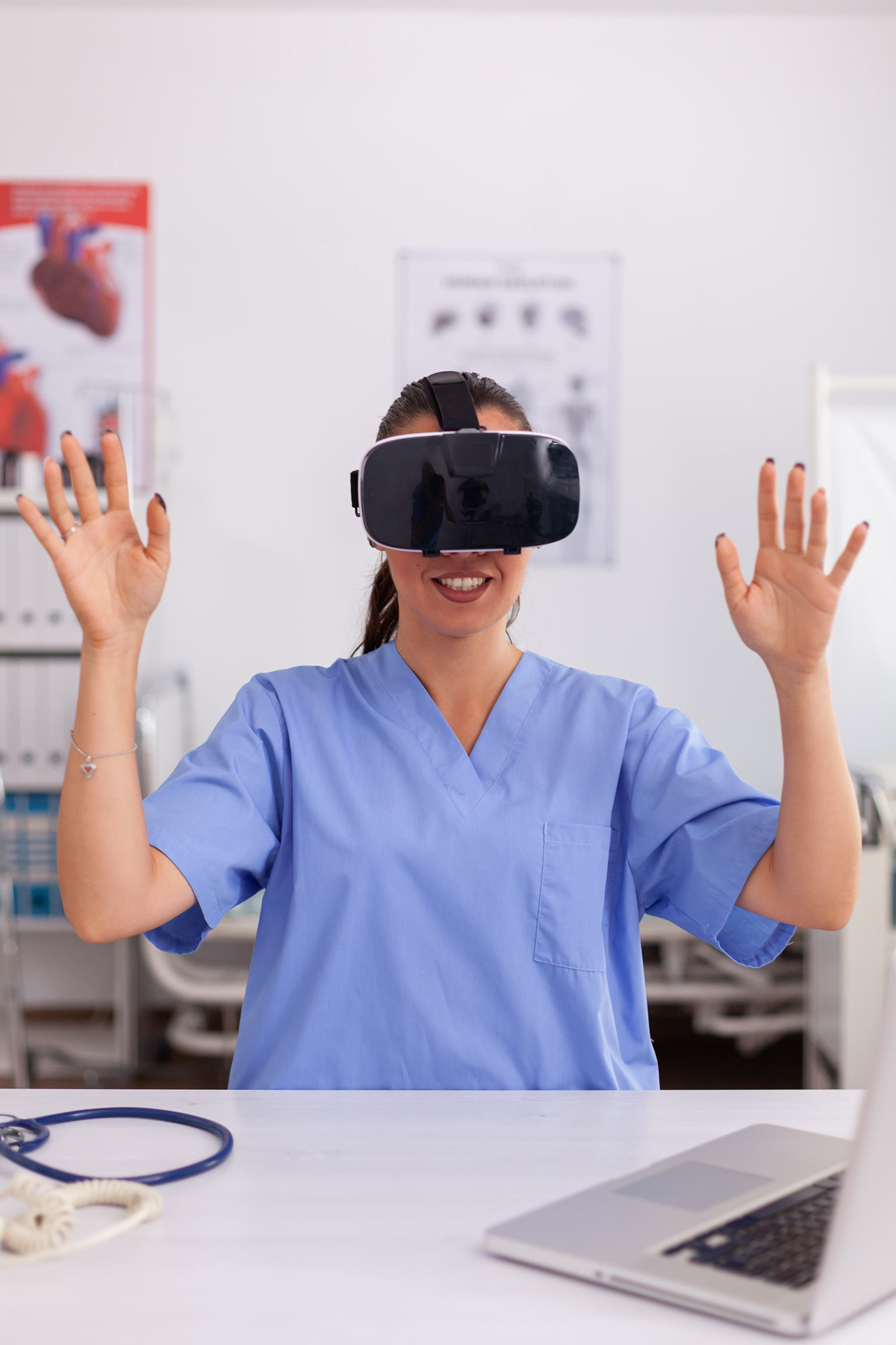 Medical nurse experiencing virtual reality using VR goggles in hospital office