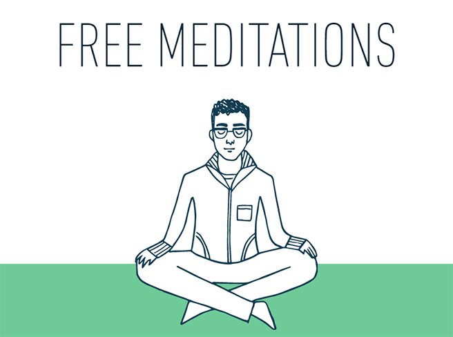 Illustration of person meditating under the words free meditations, borrowed from stopbreathethink.com/meditations