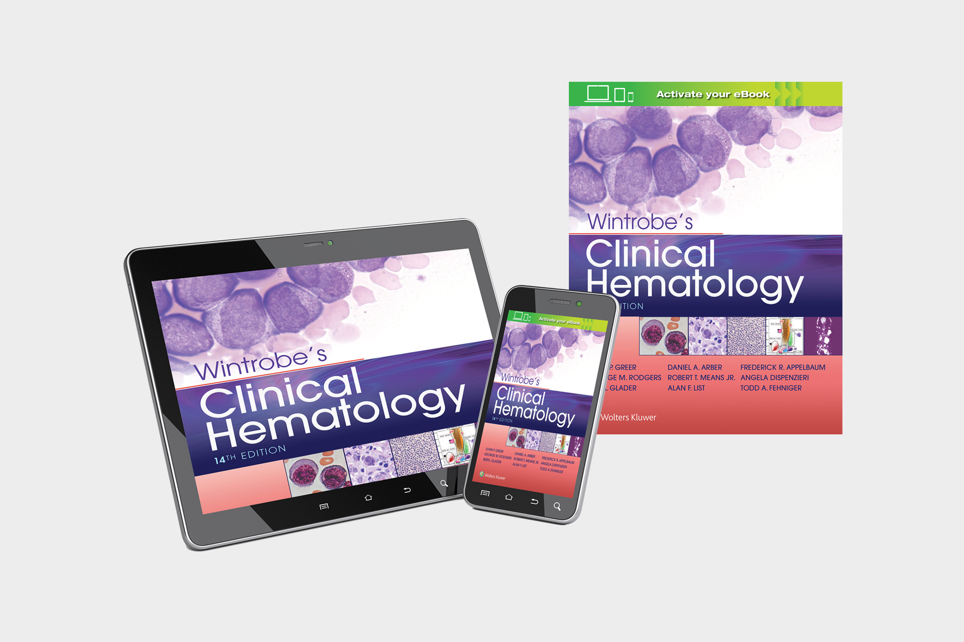 Wintrobe's Clinical Hematology book cover shown in print, on mobile, and on tablet