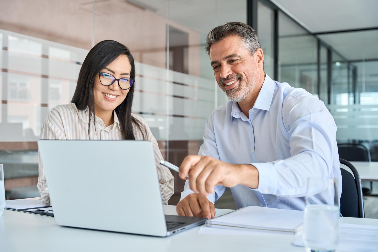 Business professionals work together on laptop.