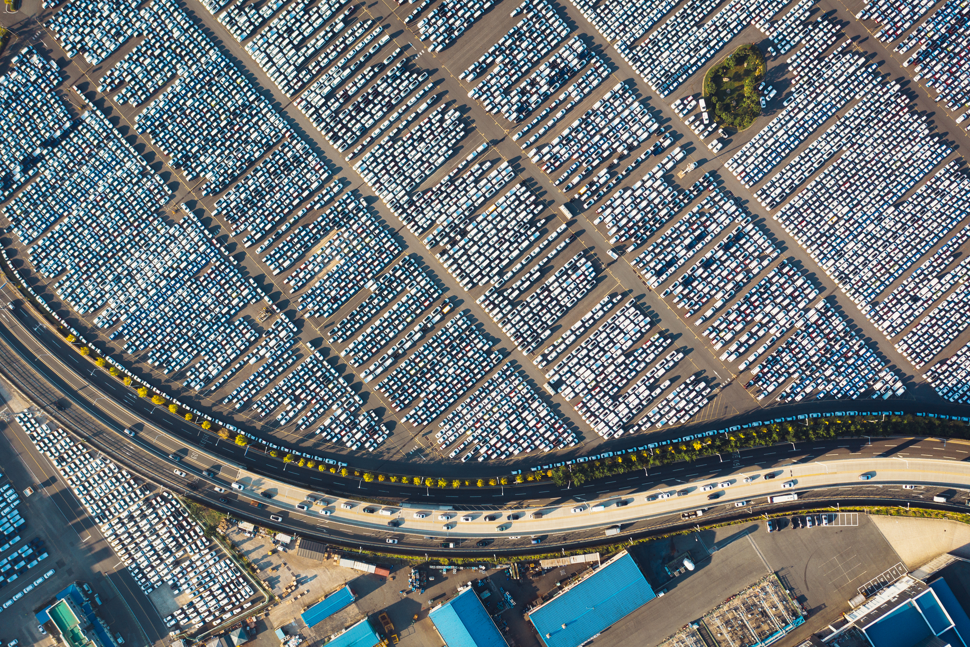 New cars lined up at Industrial factory Port,