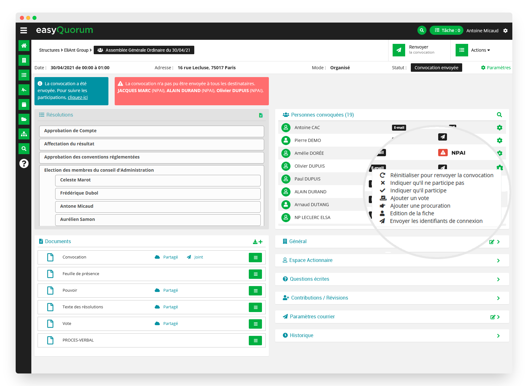 Capture d'écran de l’espace d’organisation des instances easyQuorum