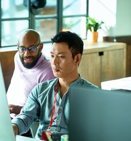 Asian male computer programmer working with African male colleague in office.