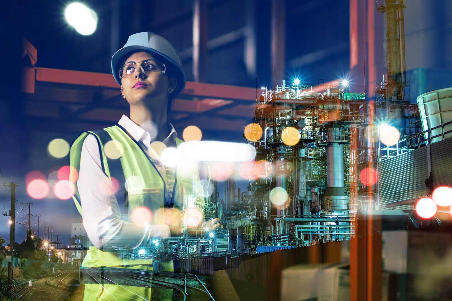 Engineer woman working late night with plant on background