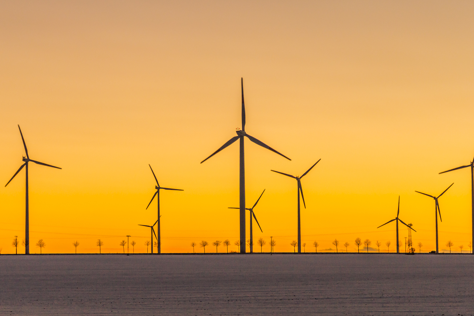 Many wind generators in sunset