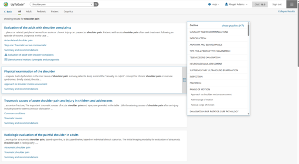 UpToDate shoulder pain search results