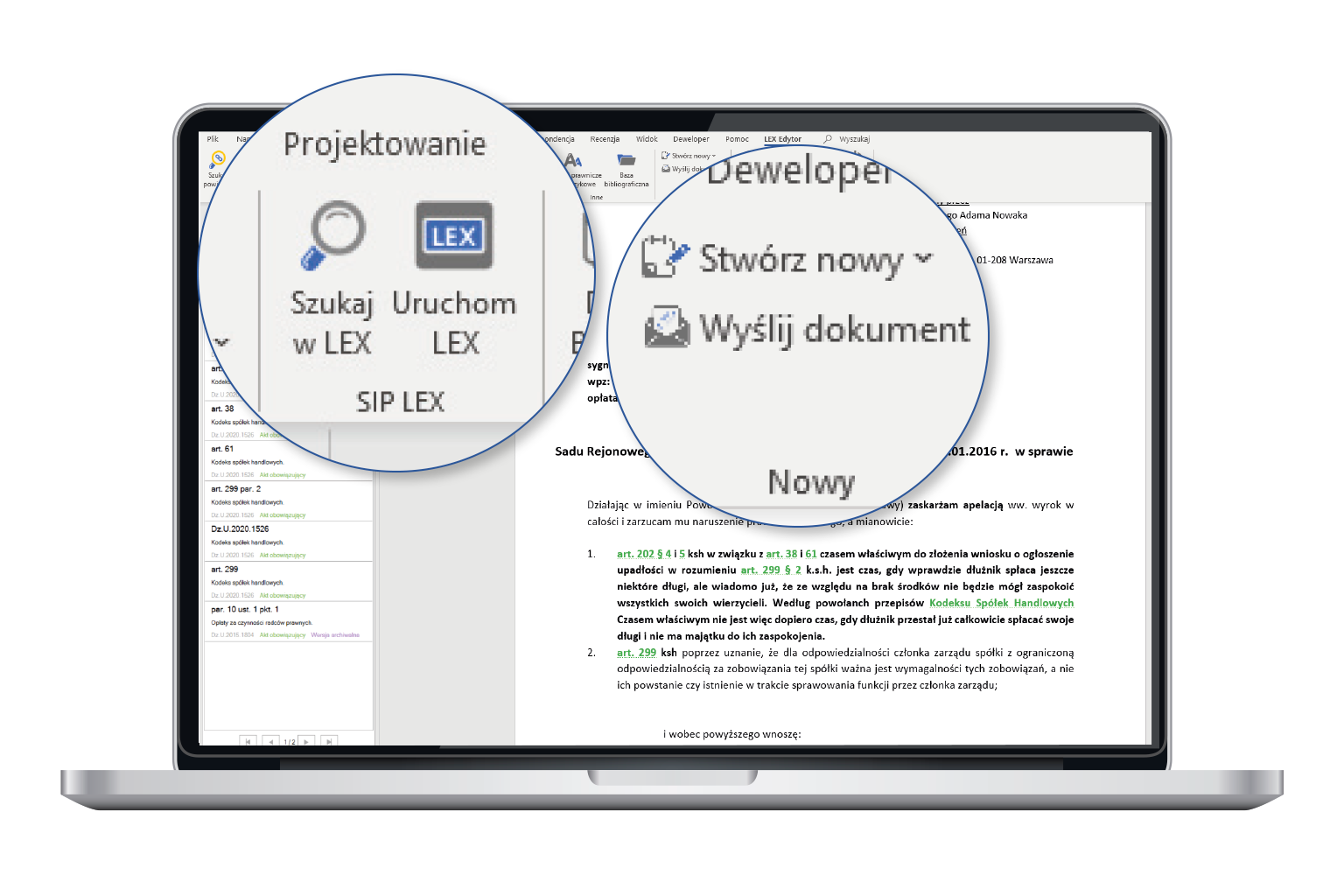 Widok programu przedstawiający inne funkcje wspierające pracę z dokumentem w LEX Edyto