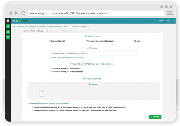 capture d'écran de l'envoi des convocations dématérialisé avec easyQuorum