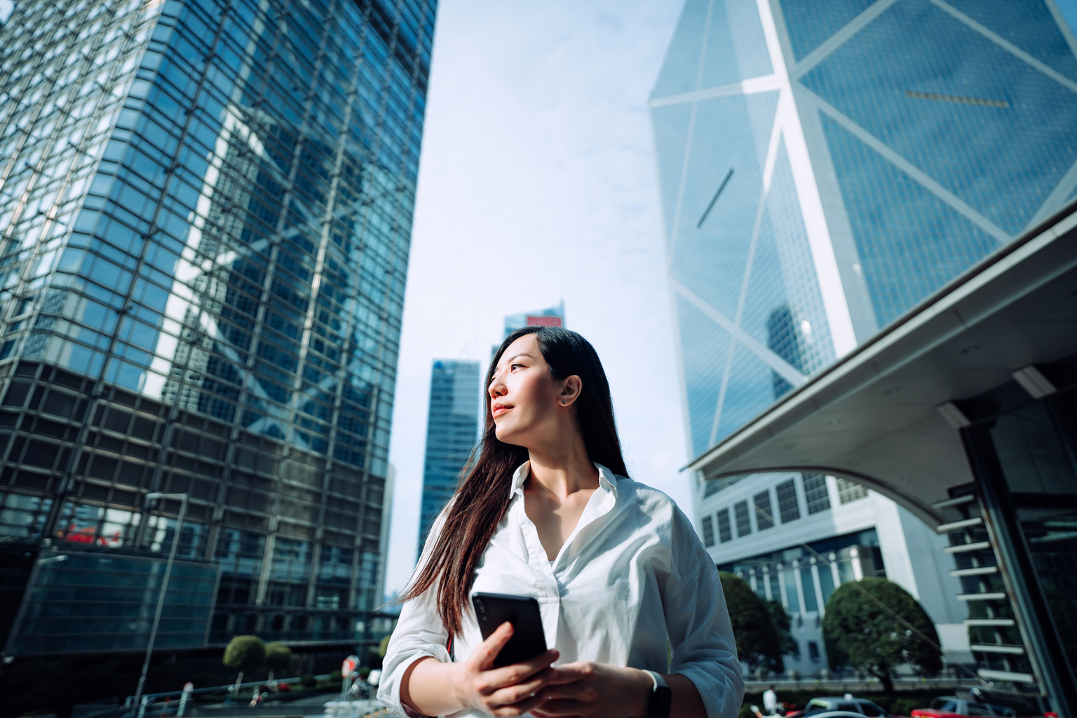 Woman walking outside the Office Building