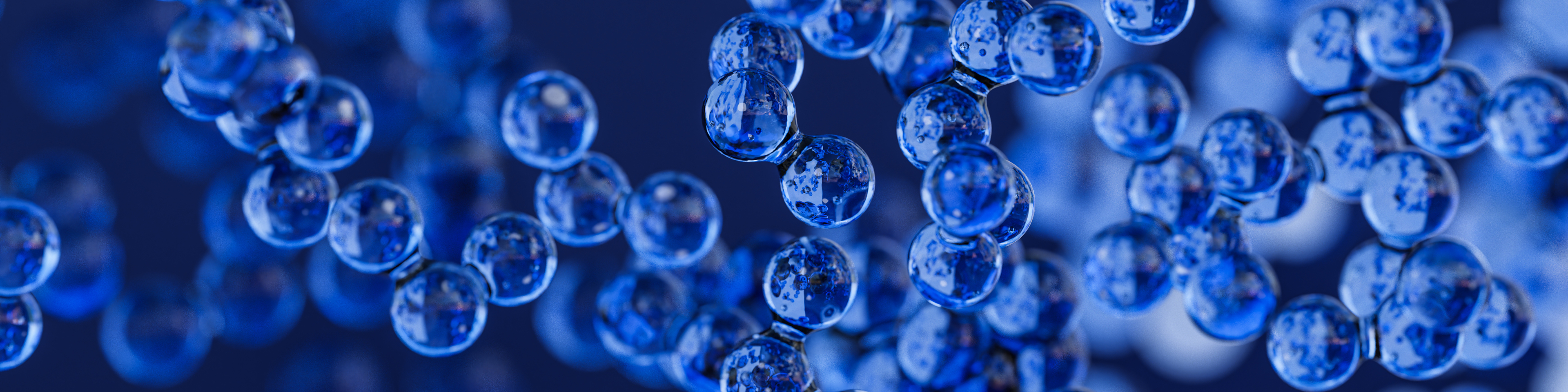 Abstract background. Small glass spheres connected together to various shapes. Magnified nanoparticles. Blue color theme