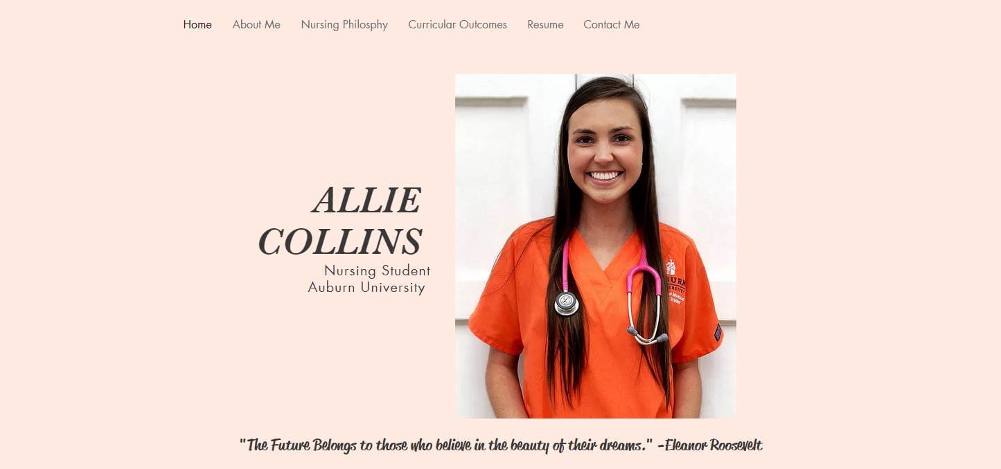 Screenshot example of a personal, professional website for a nurse