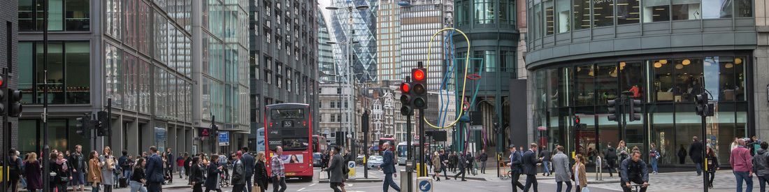 Busy crosswalk in a London business district