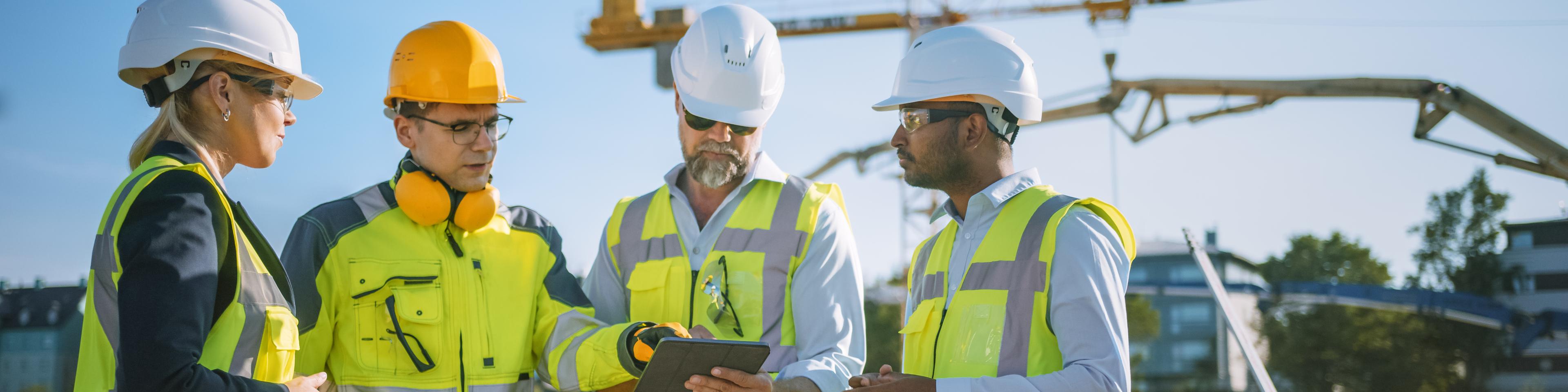 Diverse Team of Specialists Use Tablet Computer on Construction Site. Real Estate Building Project with Civil Engineer, Architect, Business Investor and General Worker Discussing Plan Details.