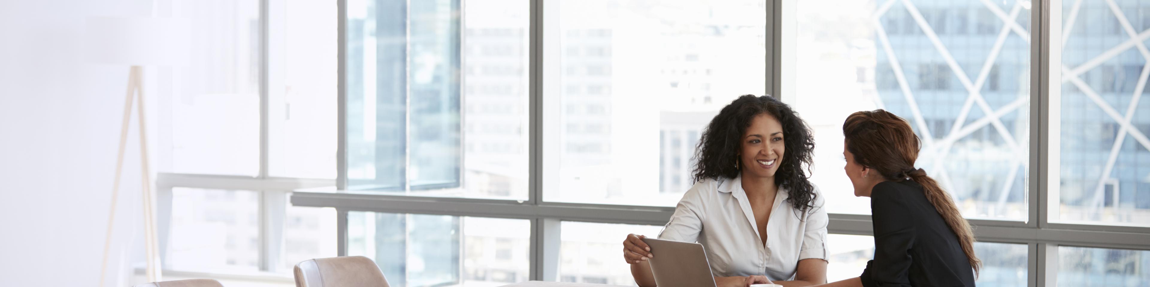 Two Businesswomen Using Laptop In Boardroom Meeting