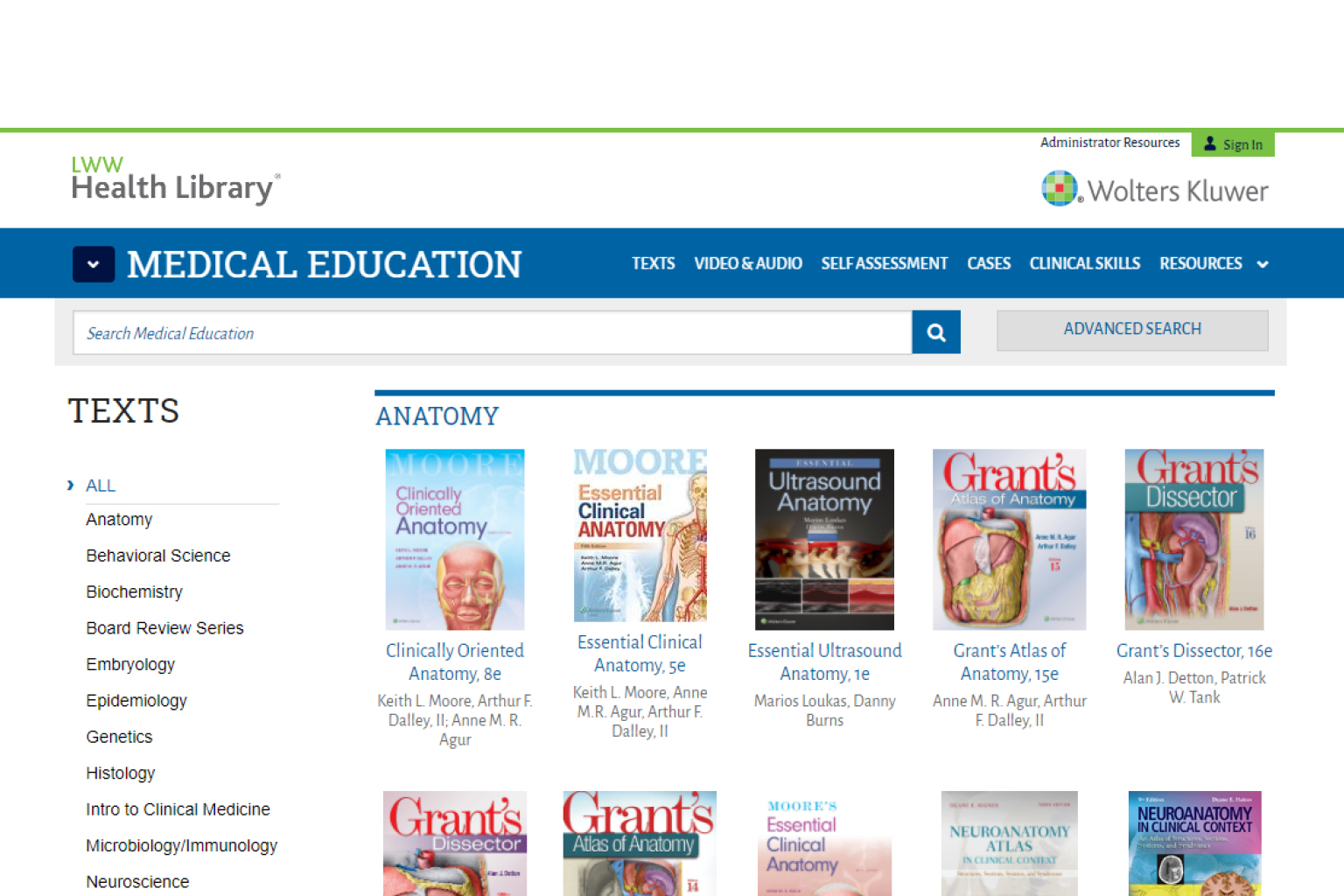 Screenshot of LWW Health Library website